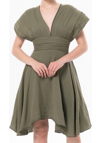 Kolsuz Sırt Detaylı V Yaka Laodikya Mini Yazlık Müslin Elbise Haki Hk fırsatları