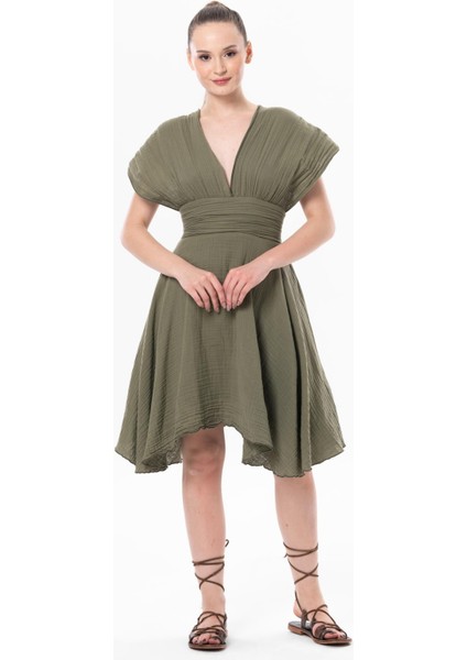 Kolsuz Sırt Detaylı V Yaka Laodikya Mini Yazlık Müslin Elbise Haki Hk indirimleri