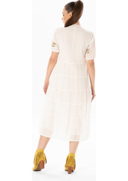 Kısa Kol Vual Nakışlı V Yaka Reyhan Uzun Yazlık Otantik Elbise Krem Krm fiyatları