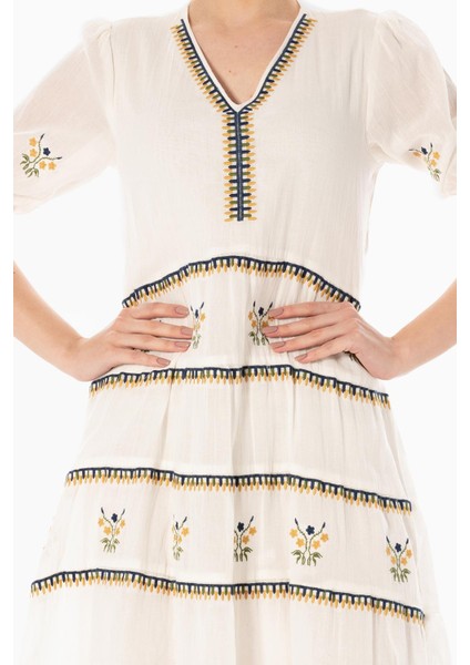 Kısa Kol Vual Nakışlı V Yaka Reyhan Uzun Yazlık Otantik Elbise Krem Krm modelleri