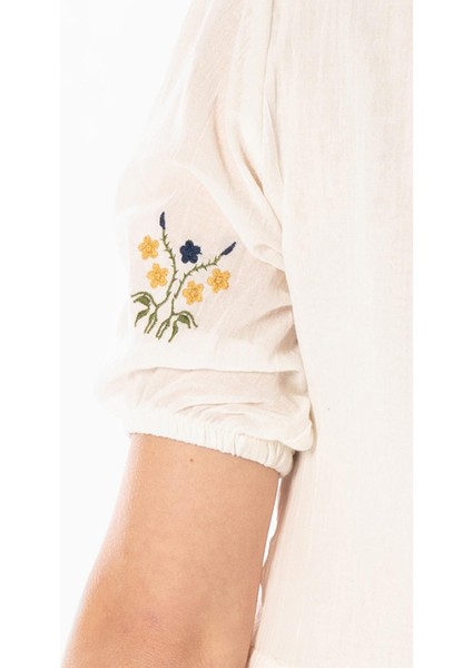 Kısa Kol Vual Nakışlı V Yaka Reyhan Uzun Yazlık Otantik Elbise Krem Krm fırsatları