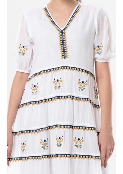 Kısa Kol Vual Nakışlı V Yaka Reyhan Uzun Yazlık Otantik Elbise Beyaz Byz modelleri