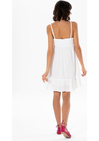 Alanya Boyundan Bağlamalı Kısa Yazlık Müslin Elbise Beyaz Byz fiyatları