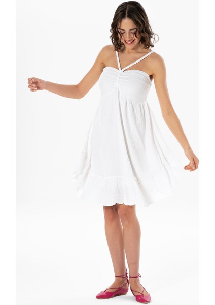 Alanya Boyundan Bağlamalı Kısa Yazlık Müslin Elbise Beyaz Byz fırsatları