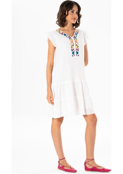Kolsuz Şile Bezi Nakışlı Delfin Kısa Yazlık Otantik Elbise Beyaz Byz fırsatları
