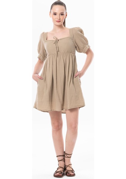 Kısa Kol Lara Kare Yaka Bağlama Detaylı Yazlık Müslin Elbise Vizon Vzn