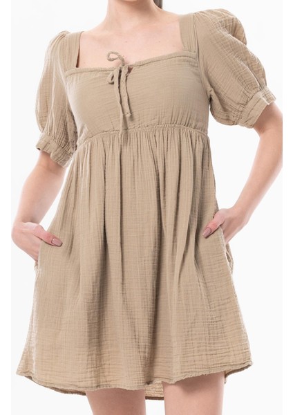 Kısa Kol Lara Kare Yaka Bağlama Detaylı Yazlık Müslin Elbise Vizon Vzn modelleri