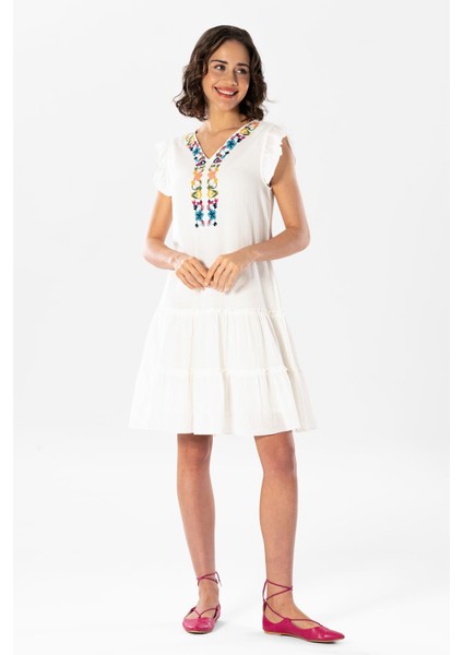 Kolsuz Şile Bezi Nakışlı Delfin Kısa Yazlık Otantik Elbise Krem Krm