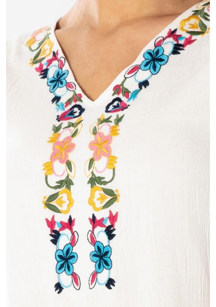 Kolsuz Şile Bezi Nakışlı Delfin Kısa Yazlık Otantik Elbise Krem Krm modelleri