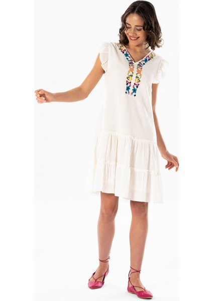 Kolsuz Şile Bezi Nakışlı Delfin Kısa Yazlık Otantik Elbise Krem Krm fırsatları