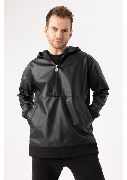 Erkek Siyah Deri Hoodie Yağmurluk