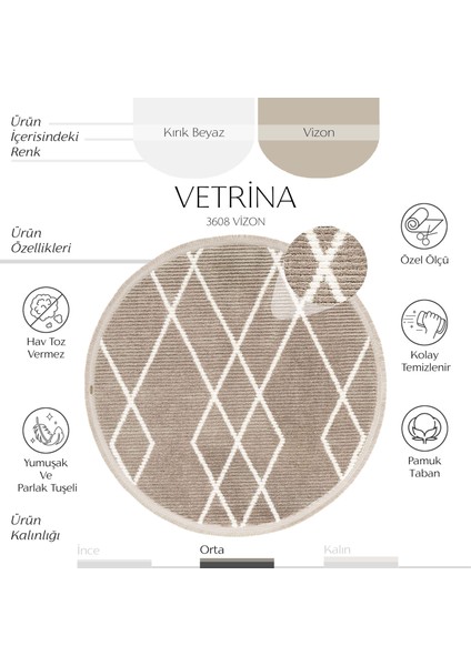 Vetrina 3608 Vizon Yumuşak Halı Kilim Salon Mutfak Koridor Kesme Yolluk Yuvarlak Makine Halısı