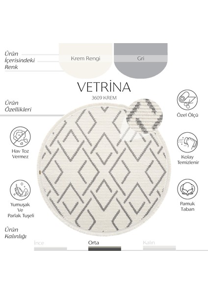 Vetrina 3609 Krem Yumuşak Halı Kilim Salon Mutfak Koridor Kesme Yolluk Yuvarlak Makine Halısı