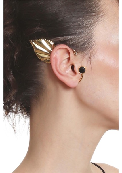 Kadın Altın Renk Lak Kaplama Taşlı Yaprak Stilizesi Sağ Kulak Earcuff & Kıkırdak Küpe
