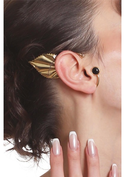 Kadın Altın Renk Lak Kaplama Taşlı Yaprak Stilizesi Sağ Kulak Earcuff & Kıkırdak Küpe
