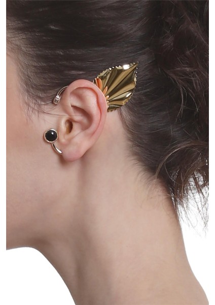 Kadın Altın Renk Lak Kaplama Taşlı Yaprak Stilizesi Sol Kulak Earcuff & Kıkırdak Küpe