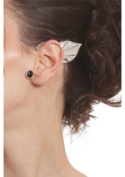 Kadın Gümüş Renk Lak Kaplama Taşlı Yaprak Stilizesi Sol Kulak Earcuff & Kıkırdak Küpe