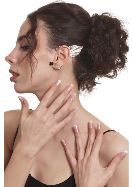 Kadın Gümüş Renk Lak Kaplama Taşlı Yaprak Stilizesi Sol Kulak Earcuff & Kıkırdak Küpe