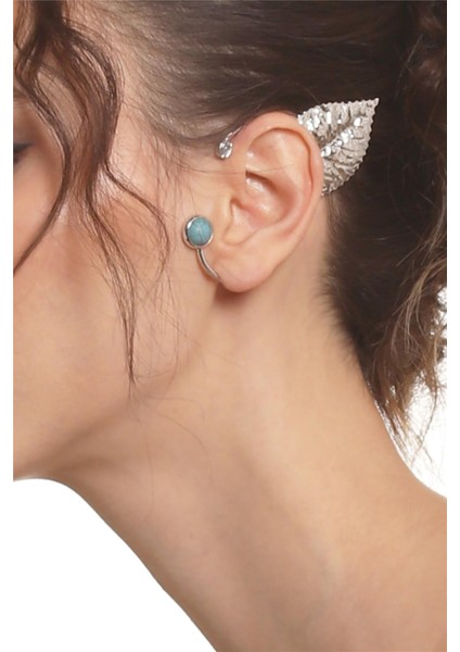 Kadın Gümüş Renk Lak Kaplama Taşlı Dokulu Yaprak Stilizesi Sol Kulak Earcuff & Kıkırdak Küpe