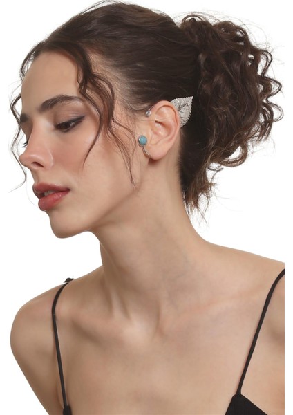 Kadın Gümüş Renk Lak Kaplama Taşlı Dokulu Yaprak Stilizesi Sol Kulak Earcuff & Kıkırdak Küpe fiyatları