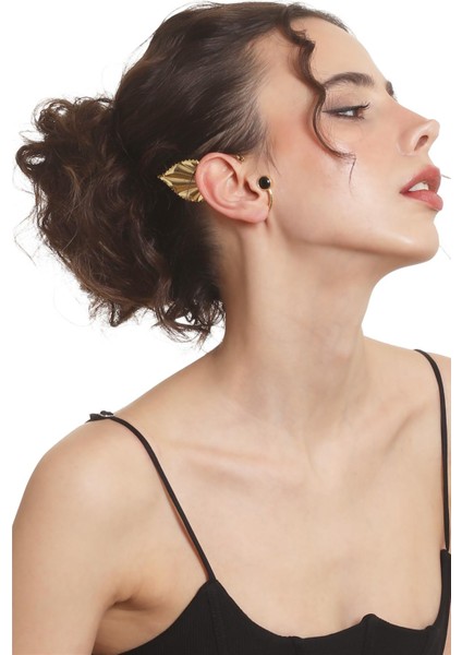 Kadın Altın Renk Lak Kaplama Taşlı Yaprak Stilizesi Sağ Kulak Earcuff & Kıkırdak Küpe