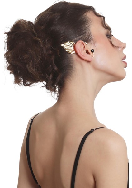 Kadın Altın Renk Lak Kaplama Taşlı Yaprak Stilizesi Sağ Kulak Earcuff & Kıkırdak Küpe