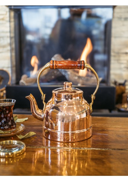 Bakır Demlik Modern Model Ahşamp Kulp Bakır Renk