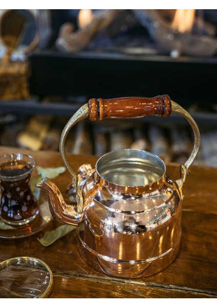 Bakır Demlik Modern Model Ahşamp Kulp Bakır Renk