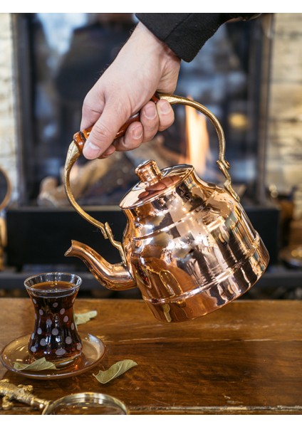 Bakır Demlik Modern Model Ahşamp Kulp Bakır Renk