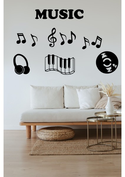 Müzik Odası Duvar Dekorasyonu Notalar Kulaklık Piyano Plak Ahşap Mdf Dekor