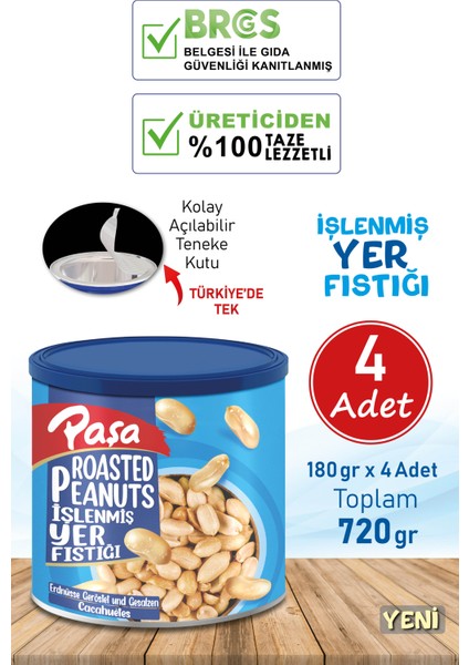 Paşa Kuruyemiş Kavrulmuş Yer Fıstığı Teneke Kutu 180 gr (Tuzlu) x 4 Adet