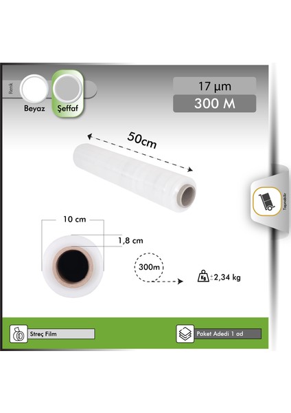 Palet Streç Film 17 Mikron Şeffaf 50 cm x 300 m 2 Adet