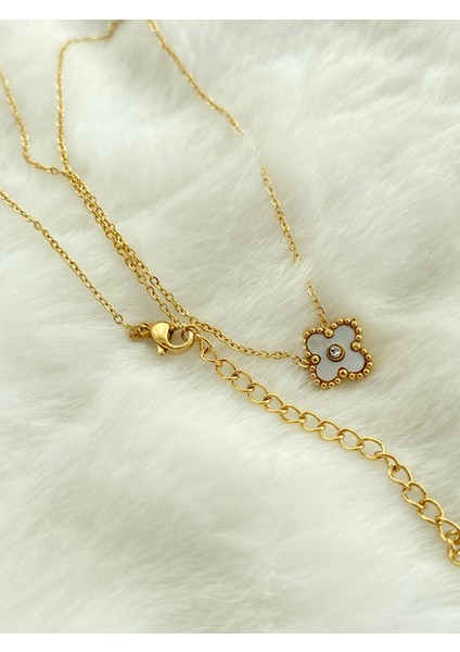 Şedef Taşlı Yonca Gold Çelik Kolye
