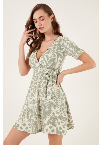 Desenli Kruvaze Yaka Regular Fit Elbise Kadın Elbise 5865723