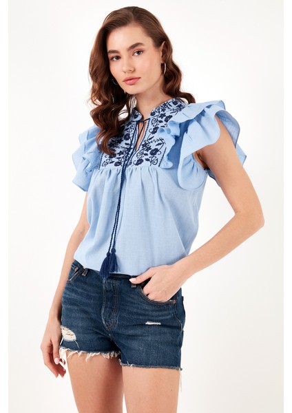 Pamuklu Regular Fit Nakış Işlemeli Bluz Kadın Bluz 611BZ0253