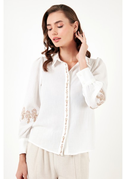 Regular Fit Nakış Işlemeli Gömlek Kadın Gömlek 611GO0201 indirimleri