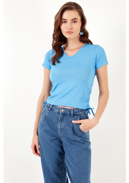 Slim Fit V Yaka Yanları Büzülebilir Bluz Kadın Bluz 5864011 modelleri