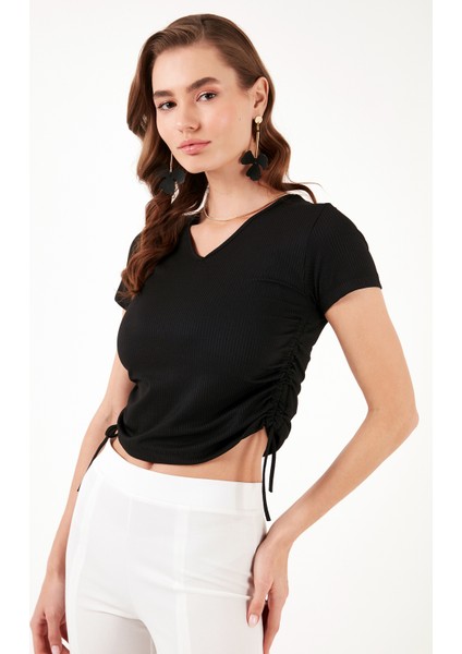 Slim Fit V Yaka Yanları Büzülebilir Bluz Kadın Bluz 5864011