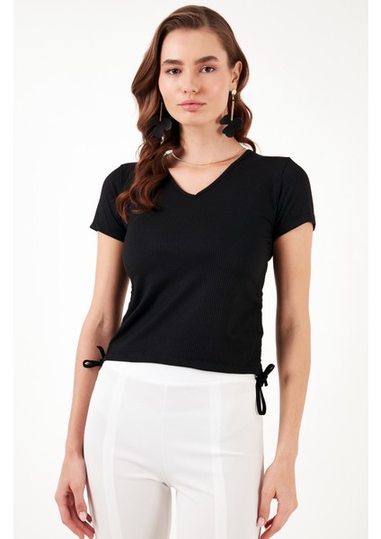 Slim Fit V Yaka Yanları Büzülebilir Bluz Kadın Bluz 5864011