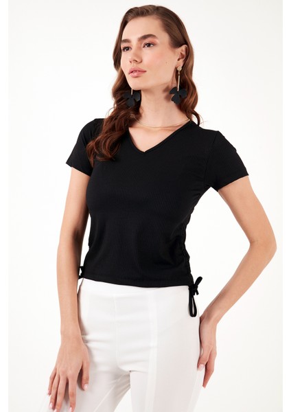 Slim Fit V Yaka Yanları Büzülebilir Bluz Kadın Bluz 5864011