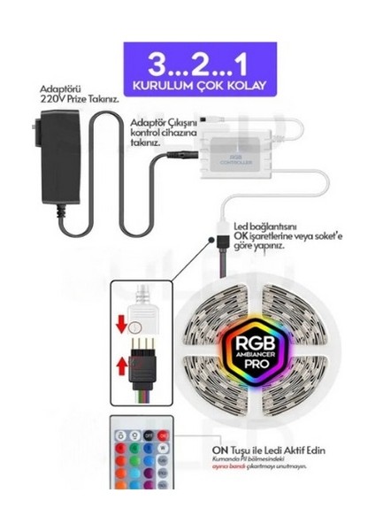 5mt Şerit Animasyonlu Tak Çalıştır Kumandalı Trafolu Rgb Şerit Işık Aydınlatma Parti LED