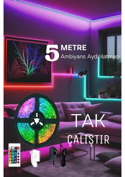 5mt Şerit Animasyonlu Tak Çalıştır Kumandalı Trafolu Rgb Şerit Işık Aydınlatma Parti LED