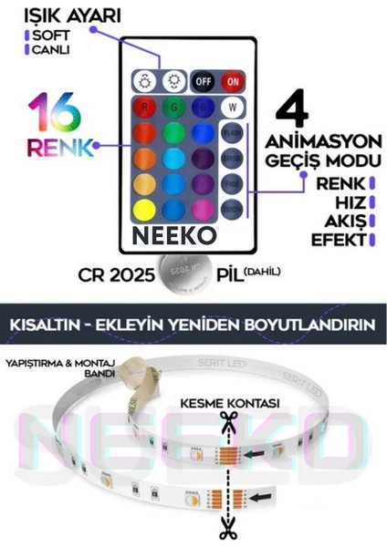 5mt Şerit Animasyonlu Tak Çalıştır Kumandalı Trafolu Rgb Şerit Işık Aydınlatma Parti LED