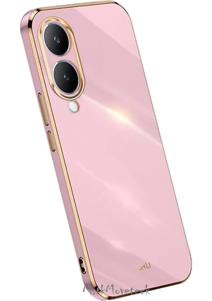 MTK Moveteck Vivo Y17S Kılıf Kamera Korumalı Parlak Gold Altın Kenarlı Yumuşak Silikon Kapak Zırh Tank