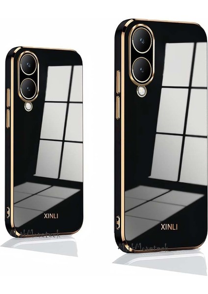 Vivo Y17S Kılıf Kamera Korumalı Parlak Gold Altın Kenarlı Yumuşak Silikon Kapak Zırh Tank