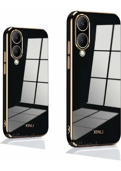 MTK Moveteck Vivo Y17S Kılıf Kamera Korumalı Parlak Gold Altın Kenarlı Yumuşak Silikon Kapak Zırh Tank