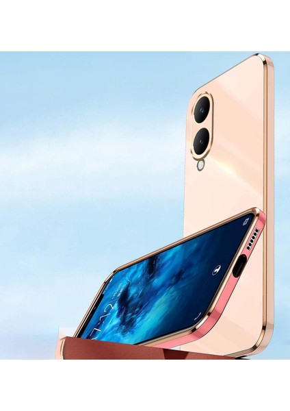 Vivo Y17S Kılıf Kamera Korumalı Parlak Gold Altın Kenarlı Yumuşak Silikon Kapak Zırh Tank