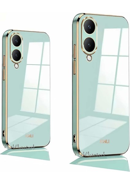 Vivo Y17S Kılıf Kamera Korumalı Parlak Gold Altın Kenarlı Yumuşak Silikon Kapak Zırh Tank