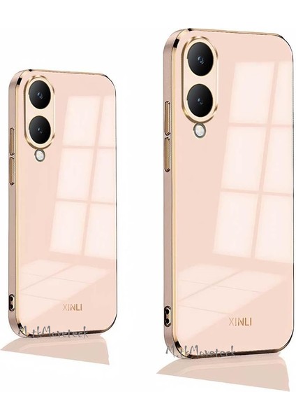 Vivo Y17S Kılıf Kamera Korumalı Parlak Gold Altın Kenarlı Yumuşak Silikon Kapak Zırh Tank