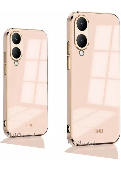 MTK Moveteck Vivo Y17S Kılıf Kamera Korumalı Parlak Gold Altın Kenarlı Yumuşak Silikon Kapak Zırh Tank